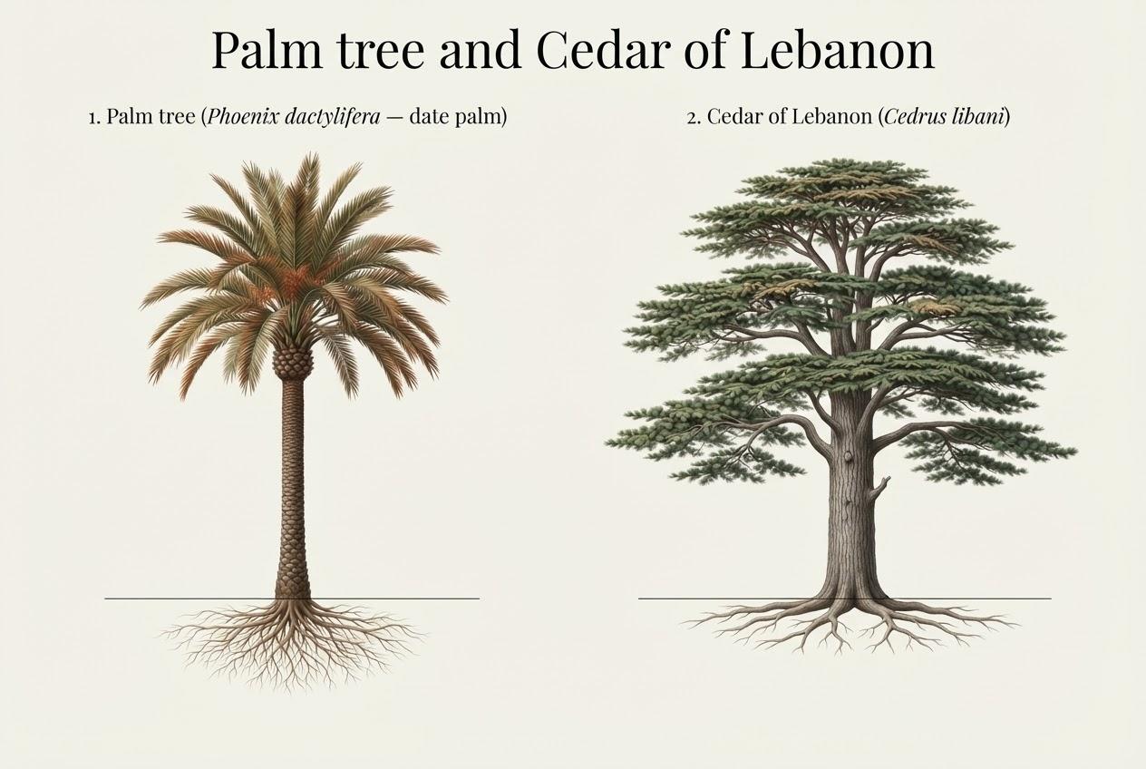 Illustration of a palm tree and a Cedar of Lebanon side by side, with their roots visible